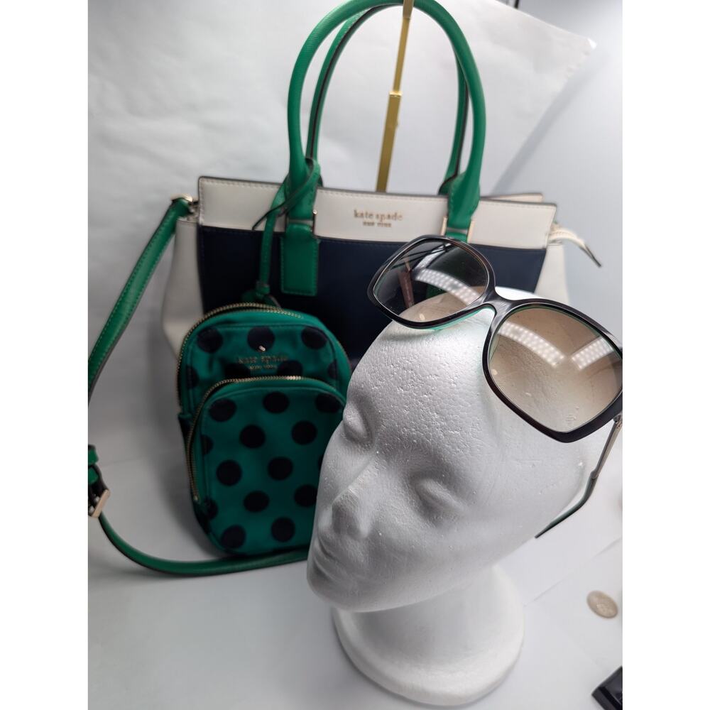 Kate Spade NY 3 pc curated set Darcy Satchel Handbag Navy Cream Green sunglasses